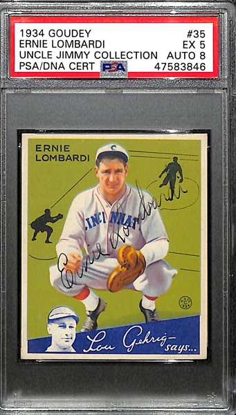 Signed 1934 Goudey Ernie Lombardi (HOF) #35 Graded PSA 5 (Auto Grade 8) w. Uncle Jimmy Collection, d. 1977